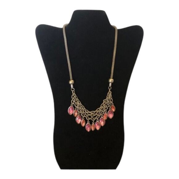 Retro Silver Toned Multicolored Pink Glass Dangling Beads Statement Bib Necklace - Picture 2 of 7
